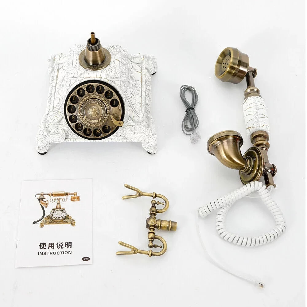 Rotary Dial Telephone Old-Fashioned Retro European Antique Landline Practical Wired Telephone Decoration Resin Desktop Antique Machine Elegant and Chic for Office Hotel Home Decoration (Ivory)