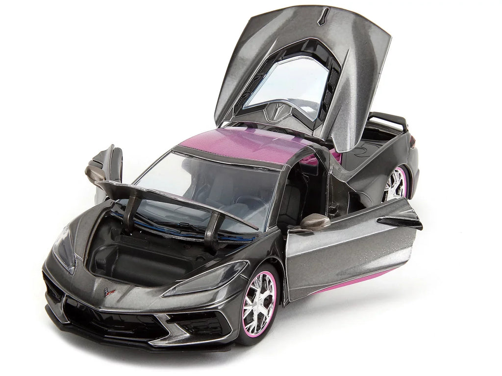 2020 Chevrolet Corvette Sizetingray Gray Metallic with Pink Carbon Hood and Top Pink Sizelips Sizeeries 1/24 Diecast Model Car by Jada