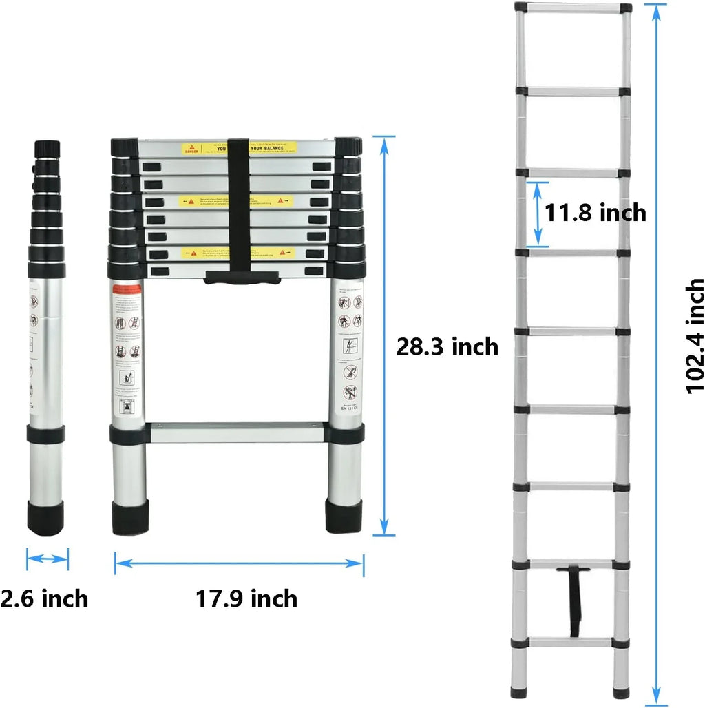 Telescoping Ladder, 8.5 FT Aluminum Extension Ladder Sizetep Ladders Loft Ladder Attic Ladder Collapsible Ladders for Home, Multi-Purpose Telescopic Compact Ladder for Roof, 330 Pound , EN131