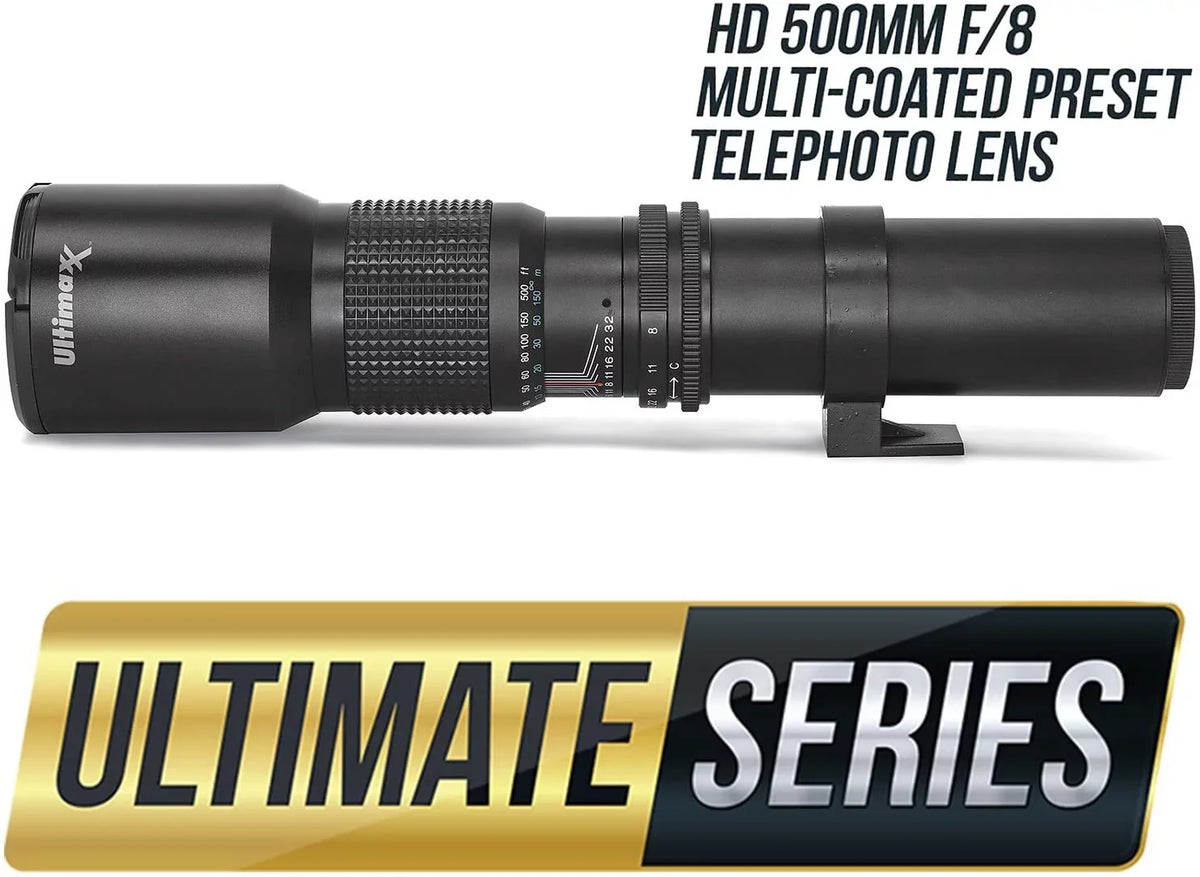 Ultimaxx 500mm/1000mm f/8 Multi-Coated Preset Telephoto Lens Includes Ultimaxx 2.0X Tele-Converter + T-Mount Adapter for Canon EF Mount & Microfiber Cleaning Cloth - Compatible with SizeLR/DSizeLR Cameras