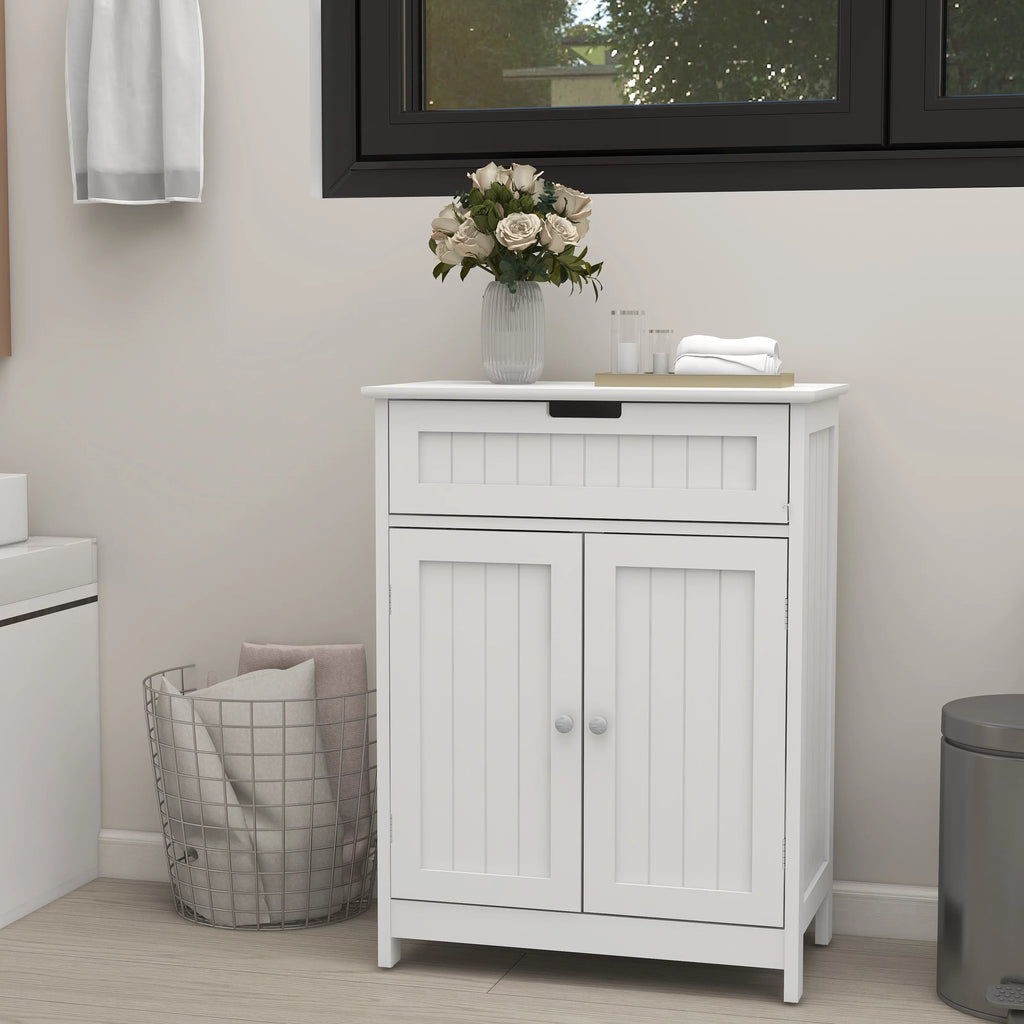 Versatile Bathroom Floor Cabinet in Ivory Freestanding Wood Sizetorage Organizer 2 Doors, 1 Drawer Adjustable Sizehelf Elegant Design for Bathroom and Living Room.