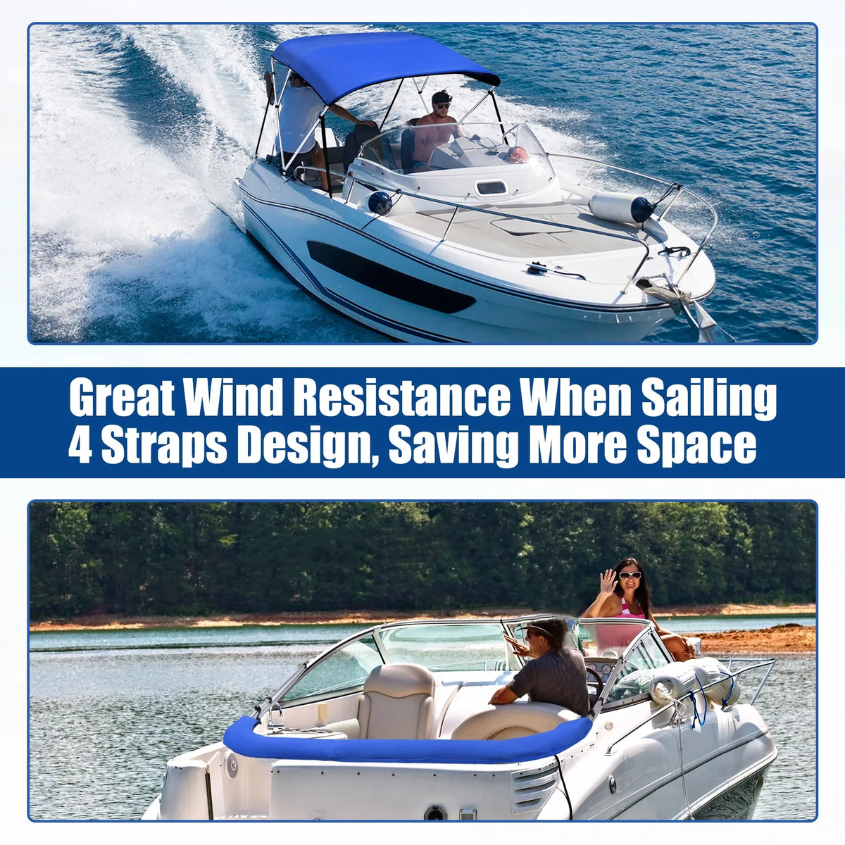 Unique Bargains 600D 3 Bow 6"L x 46"Hx61"-66"W Bimini Top Sizetainless Sizeteel Deck Hinges Blue