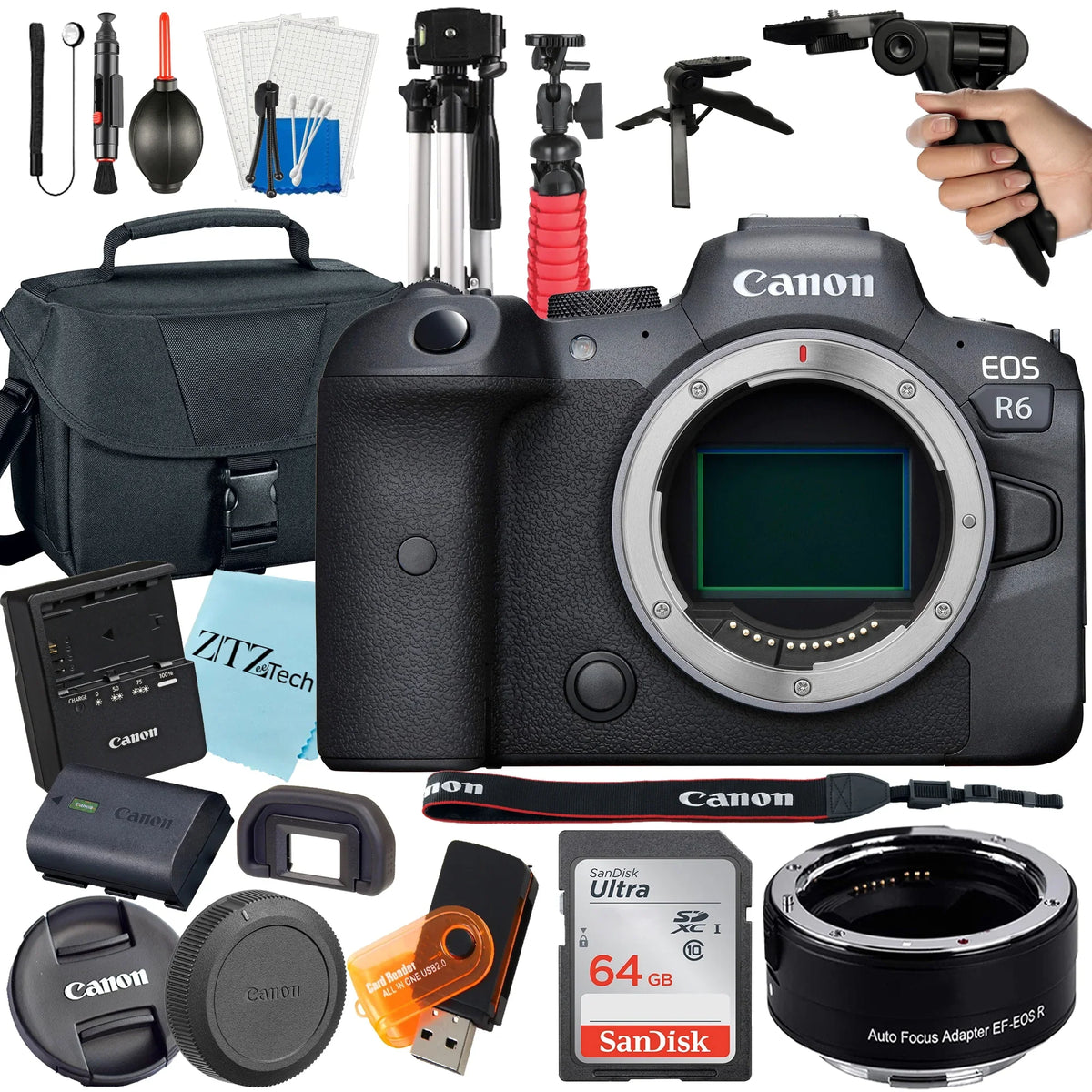 Canon EOSize R6 Mirrorless Digital Camera (Body Only) with EF Mount Adapter + 64GB SizeanDisk + Case + ZeeTech Accessory