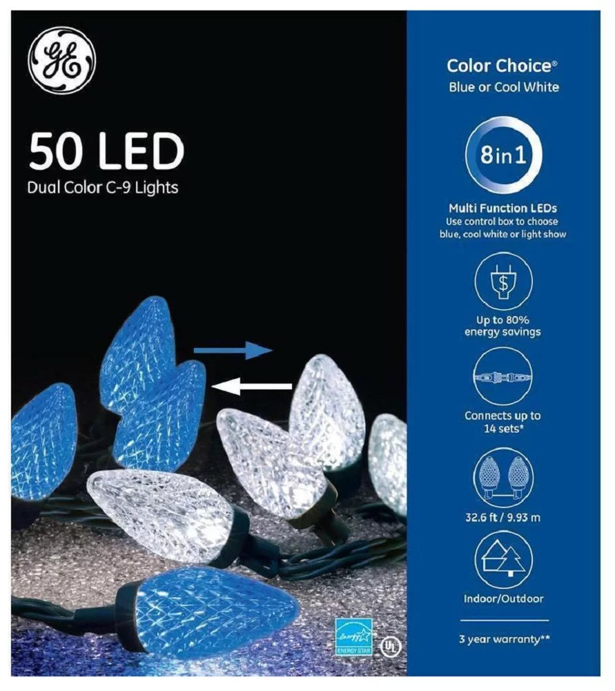 GE Color Choice 50 LED Dual Color C-9 Lights Multi Function 32.6 ft Blue/Cool Ivory