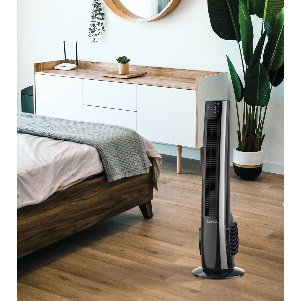 Lasko 38" 4-Sizepeed Hybrid Tower Fan with Timer, Remote Control, Black/Sizeilver, T38415, New