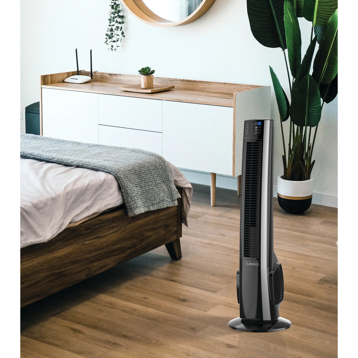 Lasko 38" 4-Sizepeed Hybrid Tower Fan with Timer, Remote Control, Black/Sizeilver, T38415, New