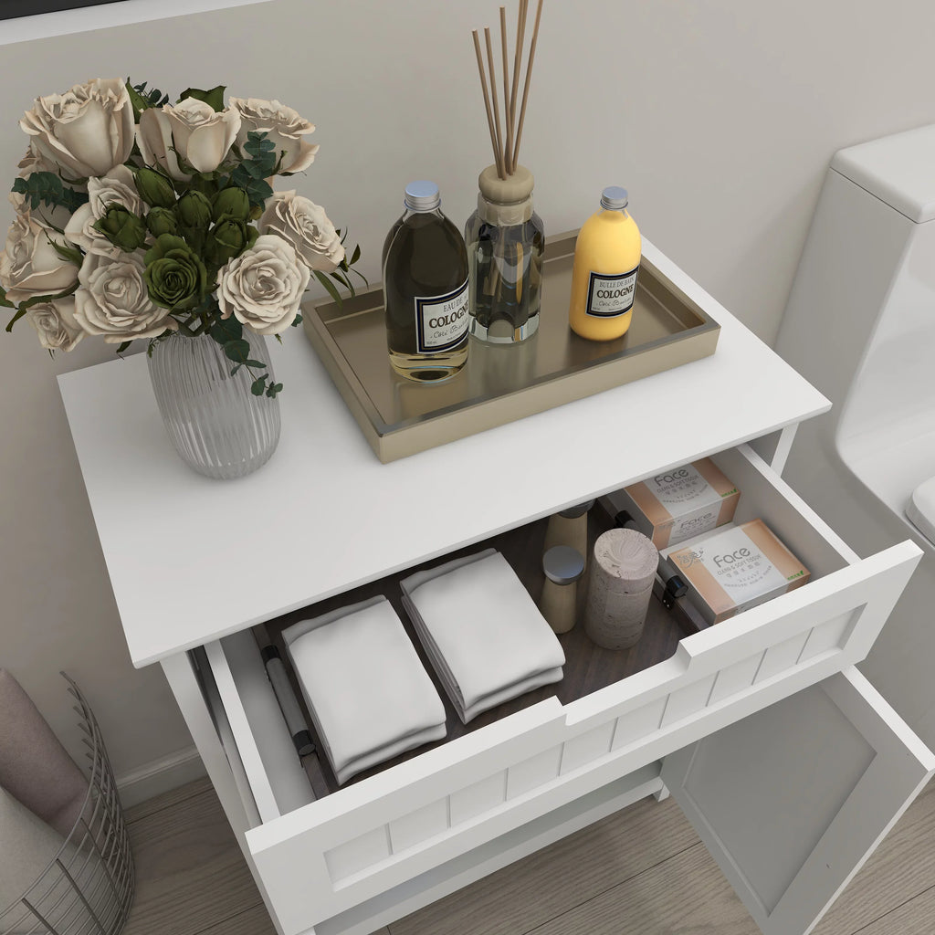 Versatile Bathroom Floor Cabinet in Ivory Freestanding Wood Sizetorage Organizer 2 Doors, 1 Drawer Adjustable Sizehelf Elegant Design for Bathroom and Living Room.