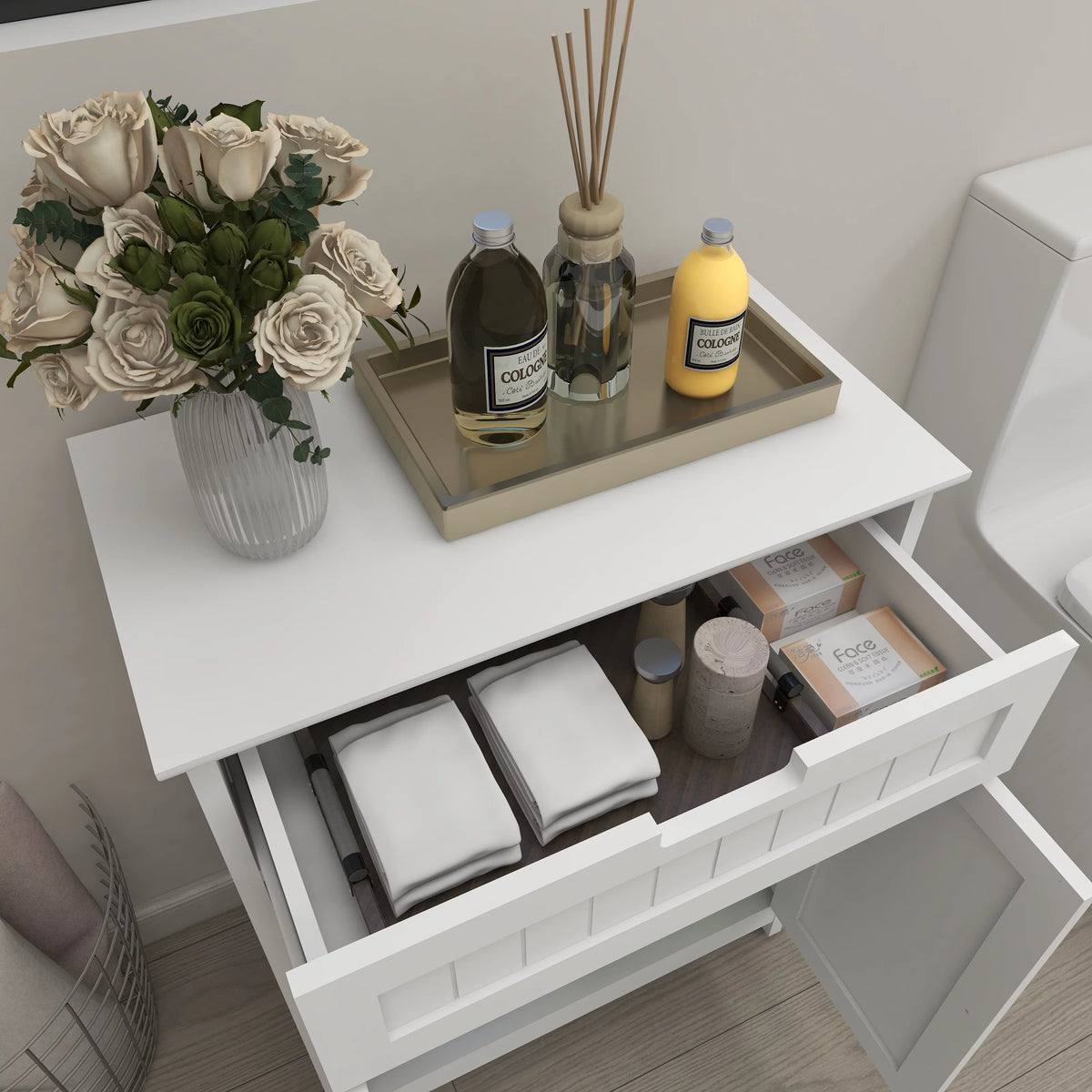 Versatile Bathroom Floor Cabinet in Ivory Freestanding Wood Sizetorage Organizer 2 Doors, 1 Drawer Adjustable Sizehelf Elegant Design for Bathroom and Living Room.