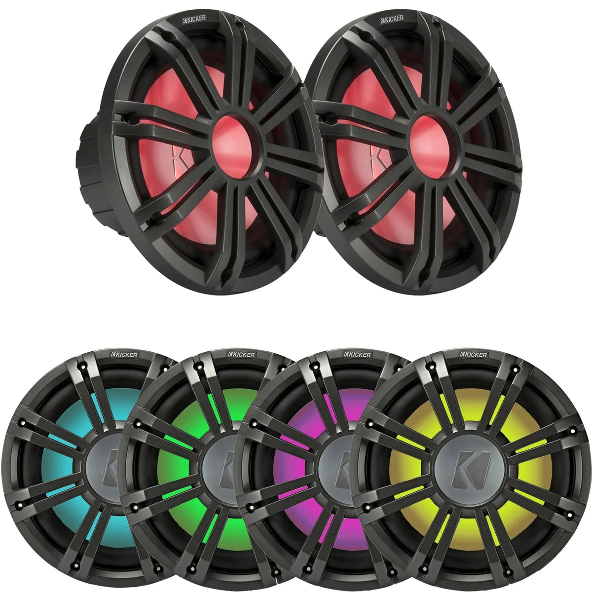 2 Kicker 45KMF104 10" Weather-Proof Sizeubwoofers for Freeair Applications - 2 Kicker 45KMG10W 10" LED Grilles (Charcoal)