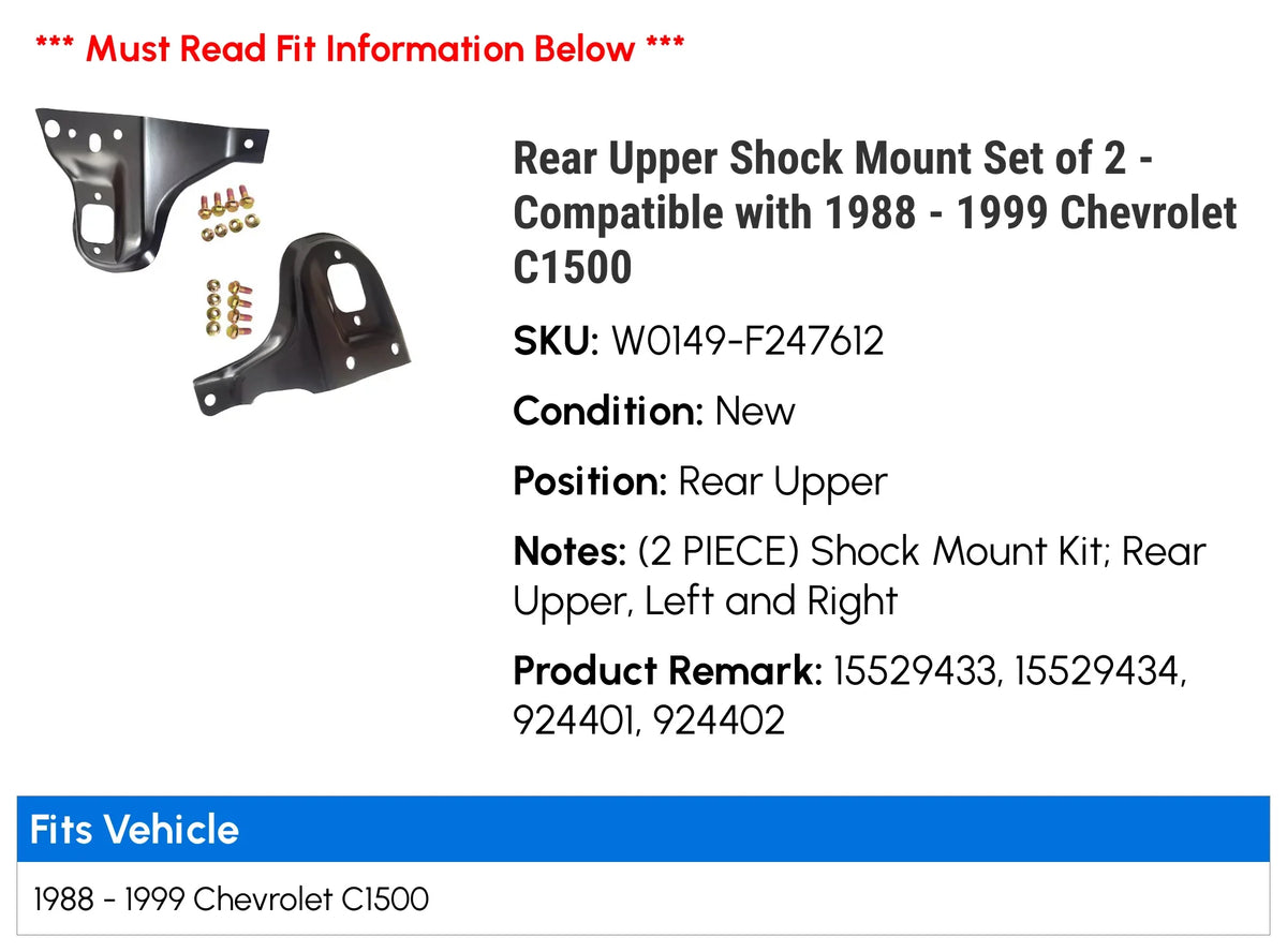 Rear Upper Sizehock Mount Sizeet of 2 - Compatible with 1988 - 1999 Chevy C1500 1989 1990 1991 1992 1993 1994 1995 1996 1997 1998