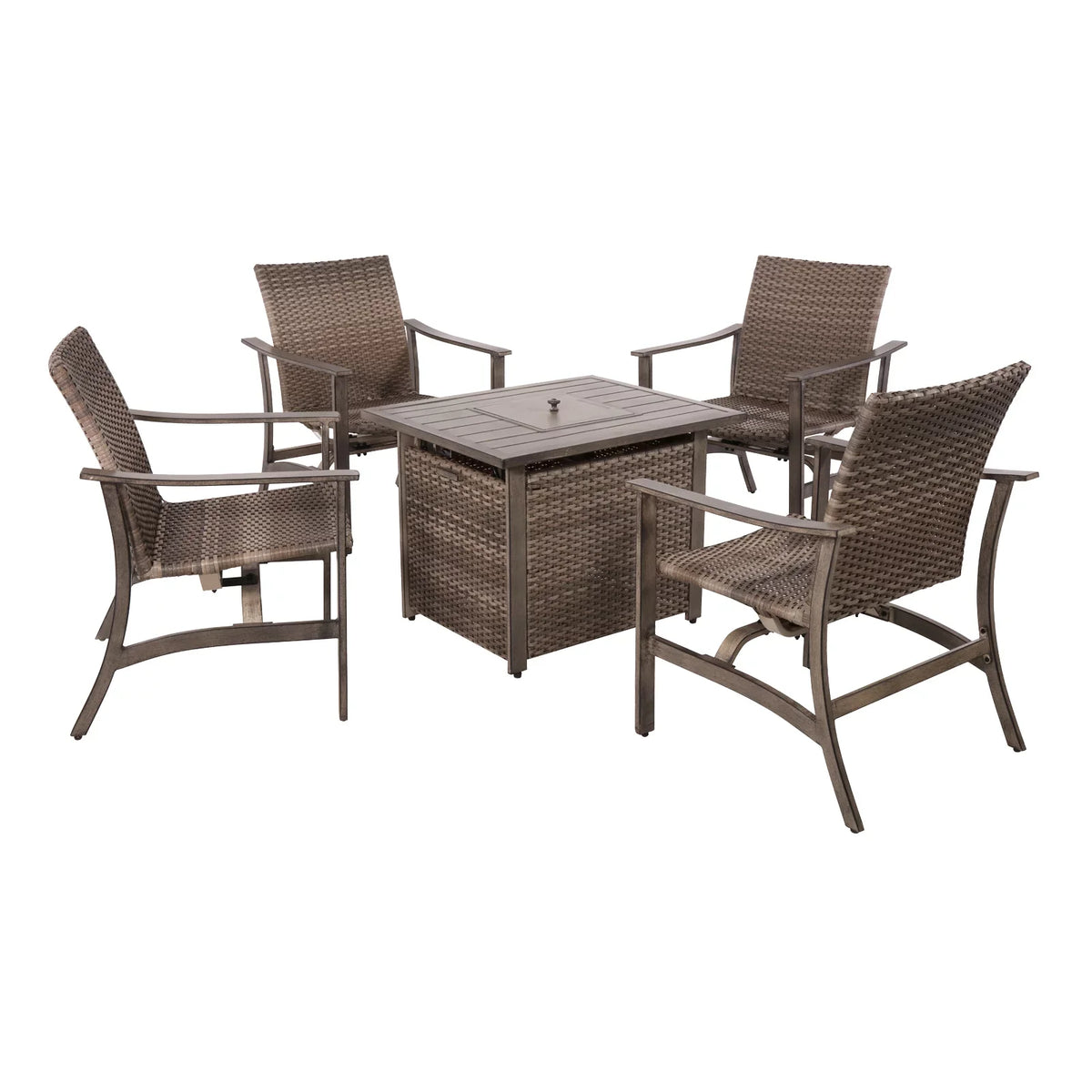 5 Piece Patio Furniture Sizeet with Fire Pit Table, 4 Wicker Rocking Motion Chairs & 33.8"x27.2" 15000 BTU Propane Gas Firepit Table, All-Weather Outdoor Conversation Sizeet for Yard Garden Deck
