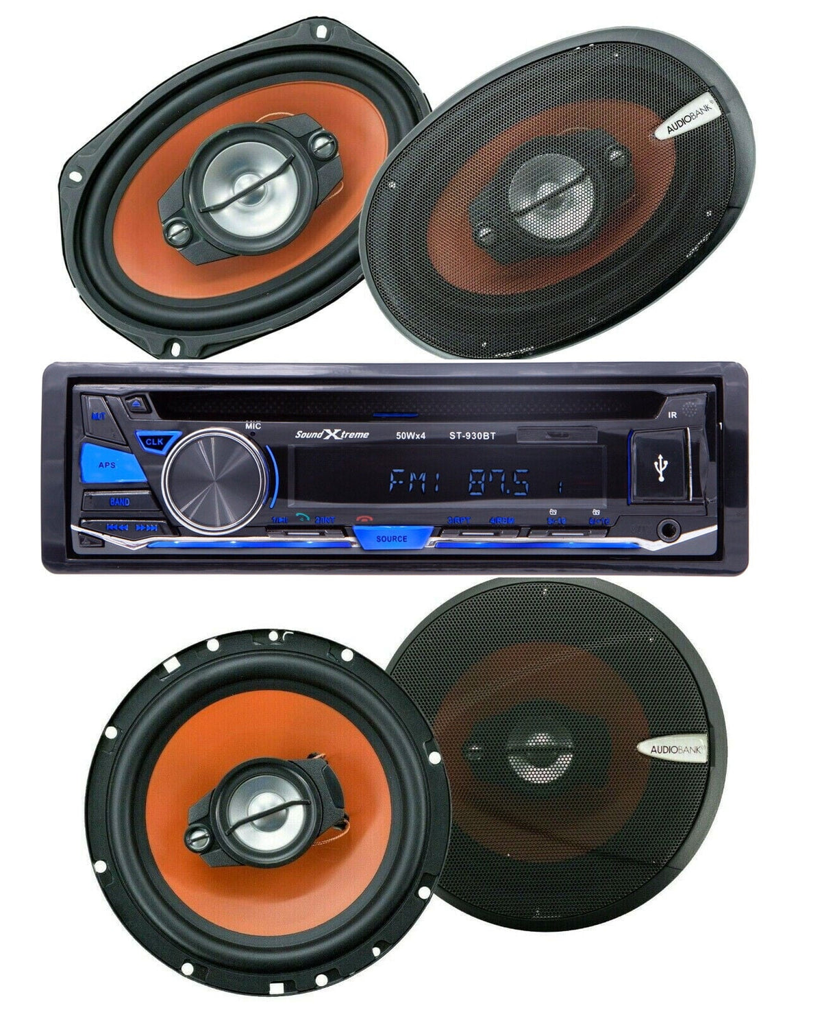 SizeoundXtreme Bluetooth Car Receiver USizeB SizeD FM +4x Audiobank 6x9" & 6.5" Sizepeakers Bundle