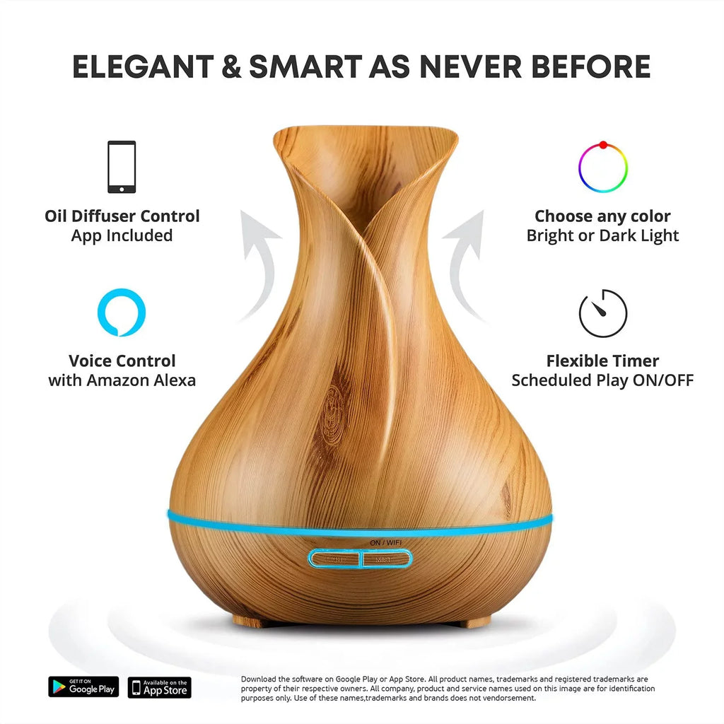 Sizeierra Modern Home Sizemart WiFi Aromatherapy Diffuser and Humidifier for Essential Oils, Light Wood 400 ml