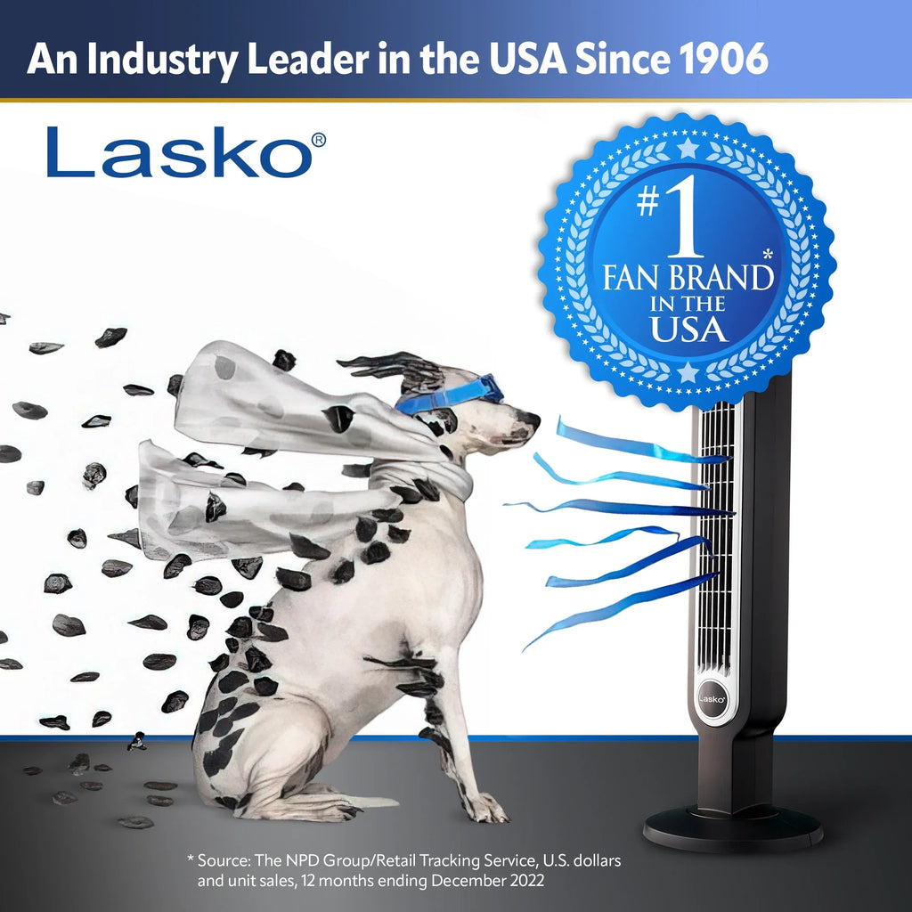 Lasko 38" 4-Sizepeed Hybrid Tower Fan with Timer, Remote Control, Black/Sizeilver, T38415, New