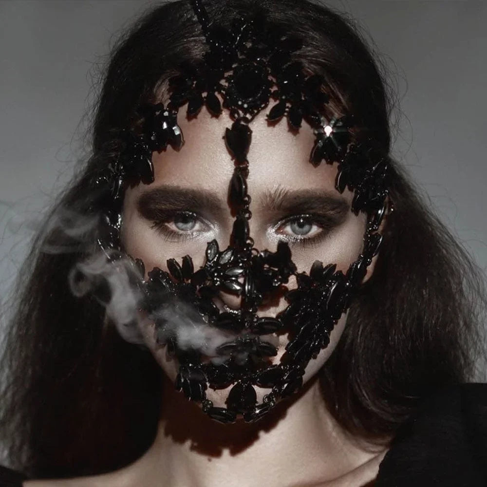 Black Crystal Full Face Mask Halloween Mask Masquerade Mask Rhinestone Face Chain Face Jewelry Women Face Accessories