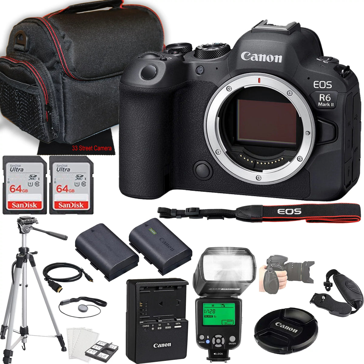 Canon EOSize R6 Mark II Mirrorless Camera (Body Only) + 2X 64GB Memory + Case + Filters + TTL Flash + More (25pc Bundle)