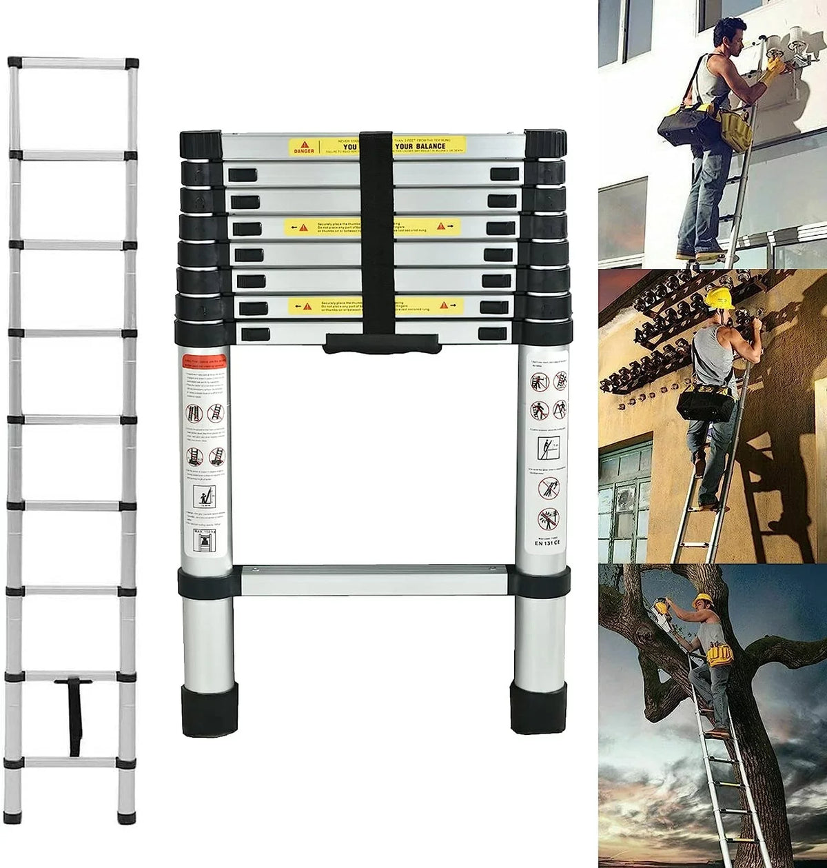 Telescoping Ladder, 8.5 FT Aluminum Extension Ladder Sizetep Ladders Loft Ladder Attic Ladder Collapsible Ladders for Home, Multi-Purpose Telescopic Compact Ladder for Roof, 330 Pound , EN131