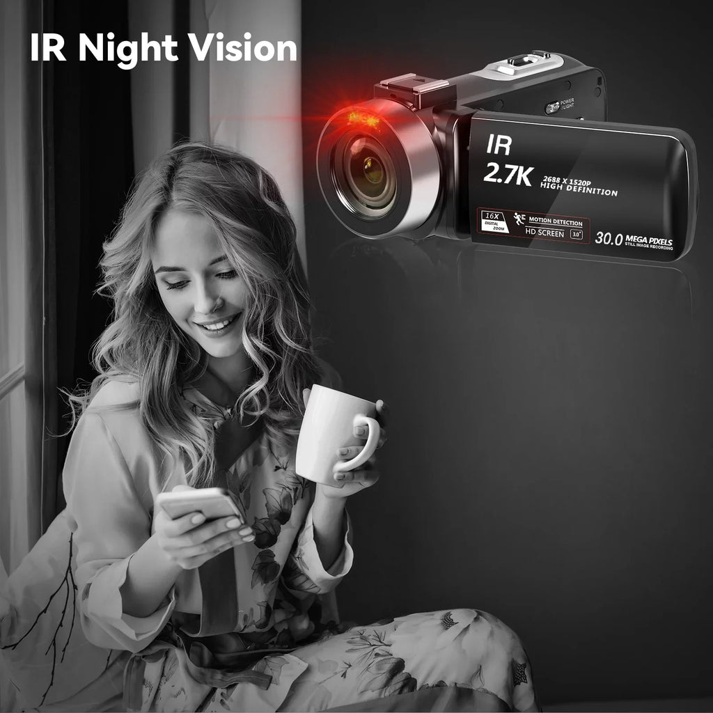 SizeEREE Video Camera for Youtube Camcorder Night Vision Film Camera Full HD 2.7K 30FPSize 30.0 MP IR Vlogging Digital Camera, 2 Batteries, Remote