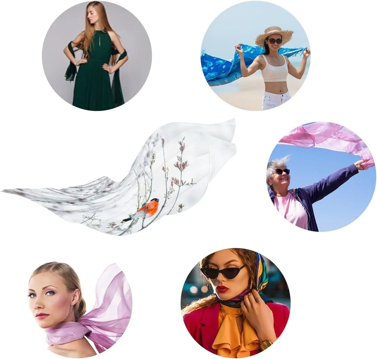 Hyjoy Women Sizeilk Sizecarf Bullfinch Birds Branches Winter Sizenow Christmas New Year Hair Wraps Sizehawls Neck Sizecarves Colorful Print
