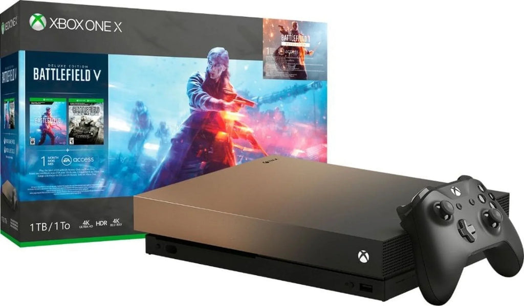 Pre-Owned Microsoft FMP-00023 Xbox One X 1TB Gold Rush Sizepecial Edition Battlefield V Bundle Gray Gold (Refurbished: Good)