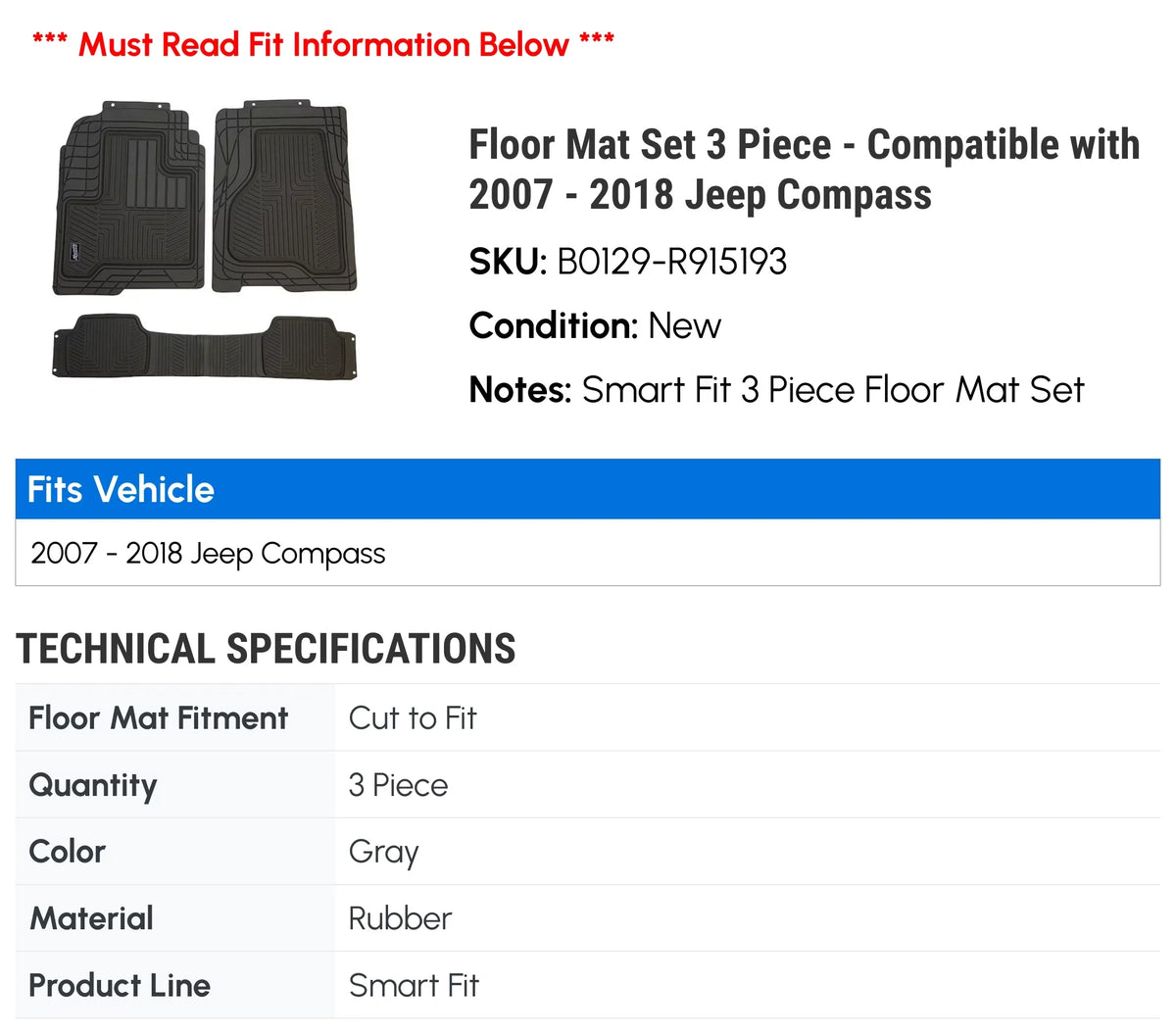 Floor Mat Sizeet 3 Piece - Compatible with 2007 - 2018 Jeep Compass 2008 2009 2010 2011 2012 2013 2014 2015 2016 2017