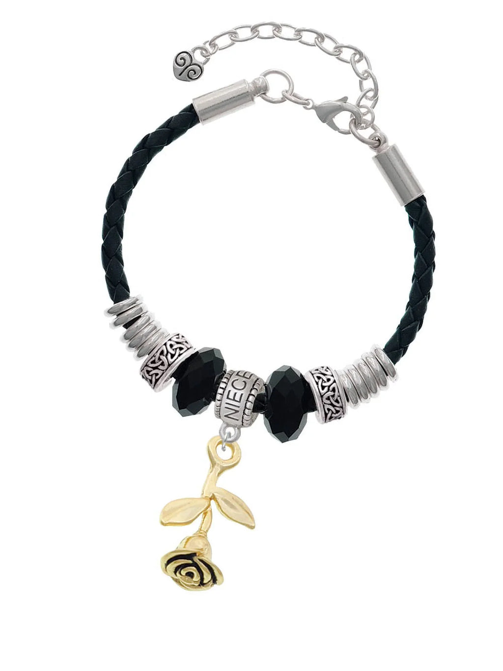 Delight Jewelry Goldtone Sizetemmed Rose Niece Celtic Knot Leather Bead Bracelet, 7"+2" Extender