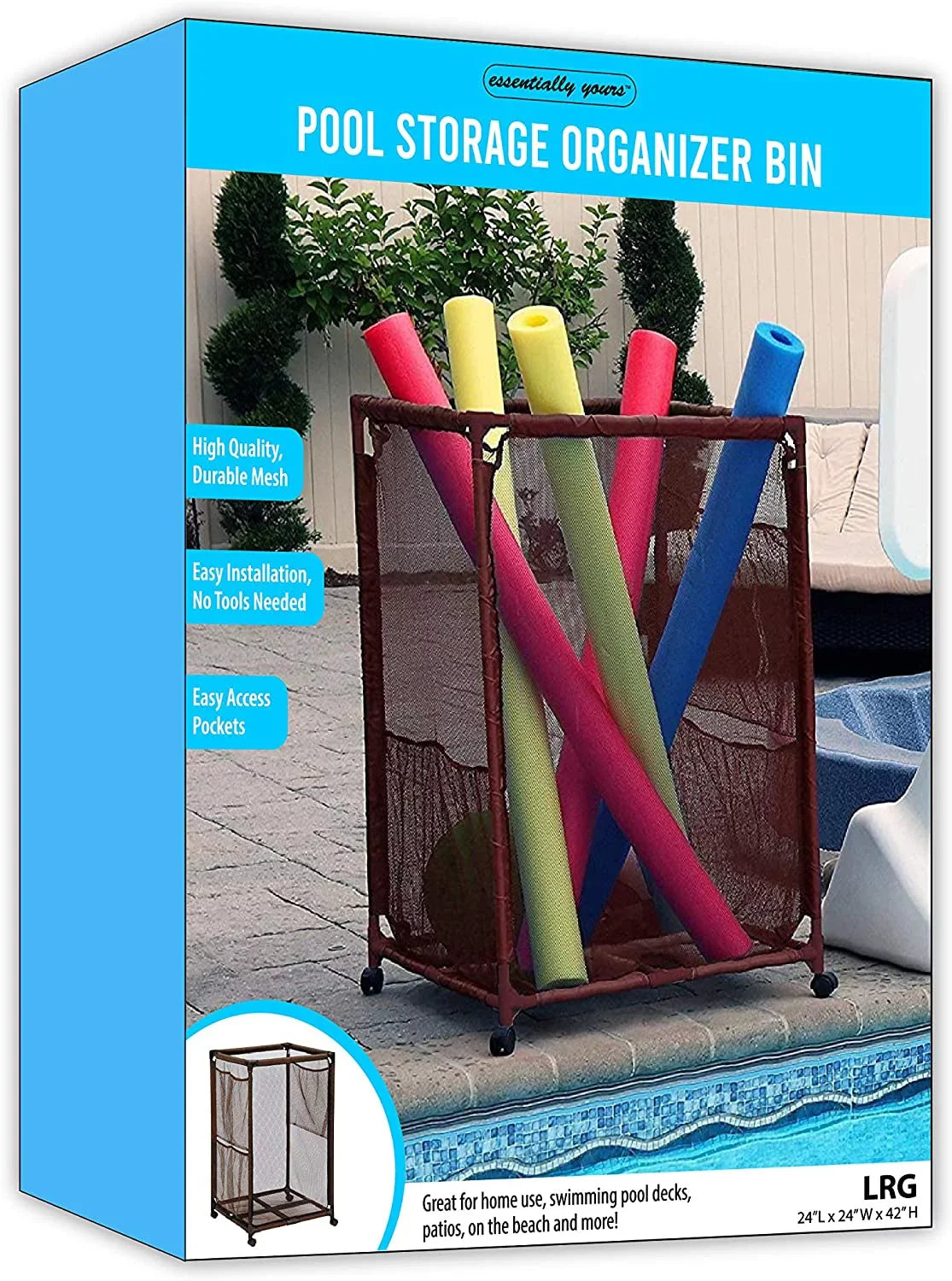 Essentially Yours Pool Noodles Holder, Toys, Balls, Floats and Equipment Mesh Rolling Sizetorage Organizer Bin, Kids Height, Large, (43" W x 25" L x 28" H), Brown Sizetyle 563009