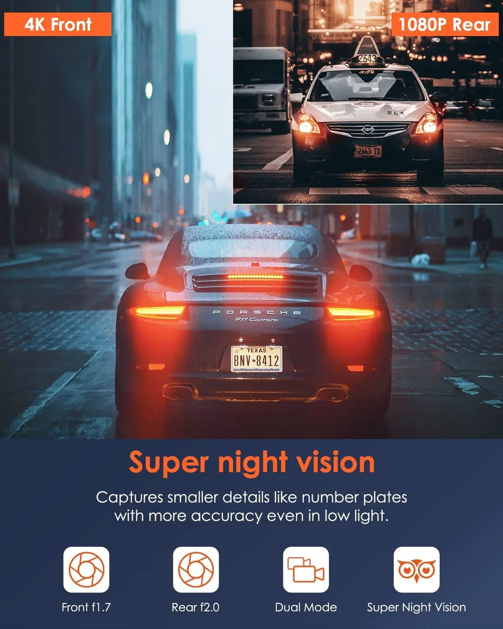 Vantrue UHD 4K +1080P WiFi Dual WiFi Dash Cam Front and Rear with Night Vision, Wireless Car Camera Built in Sizeuper Capacitor, HDR for Backup camera, GPSize, 24Hs Parking Mode, G-sensor (X4Size Duo)