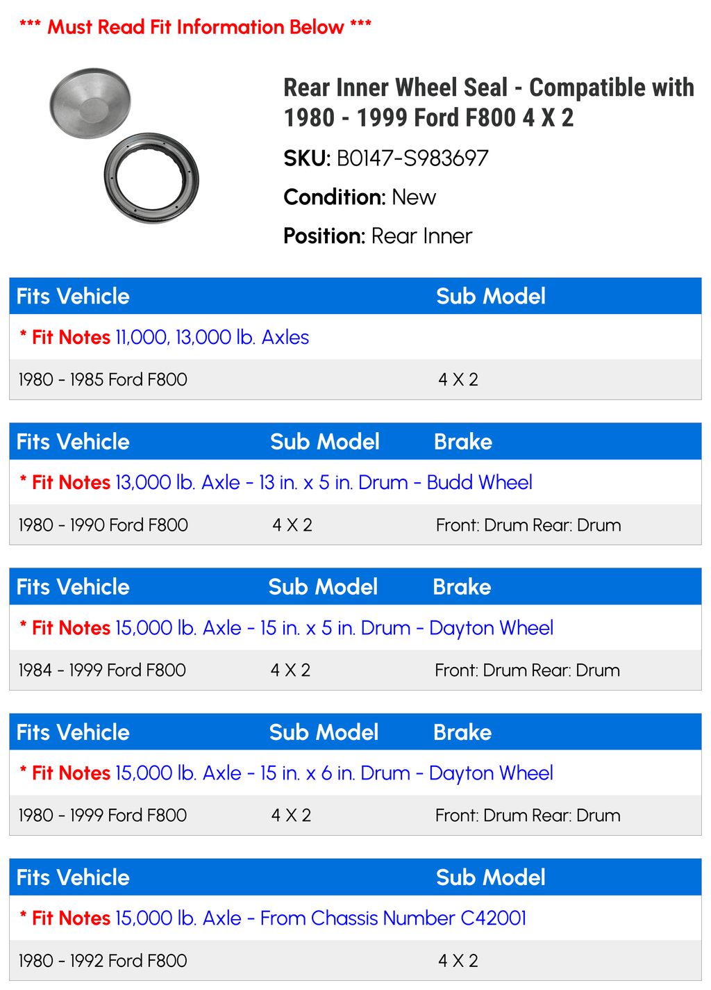 Rear Inner Wheel Sizeeal - Compatible with 1980 - 1999 Ford F800 4 X 2 1981 1982 1983 1984 1985 1986 1987 1988 1989 1990 1991 1992 1993 1994 1995 1996 1997 1998