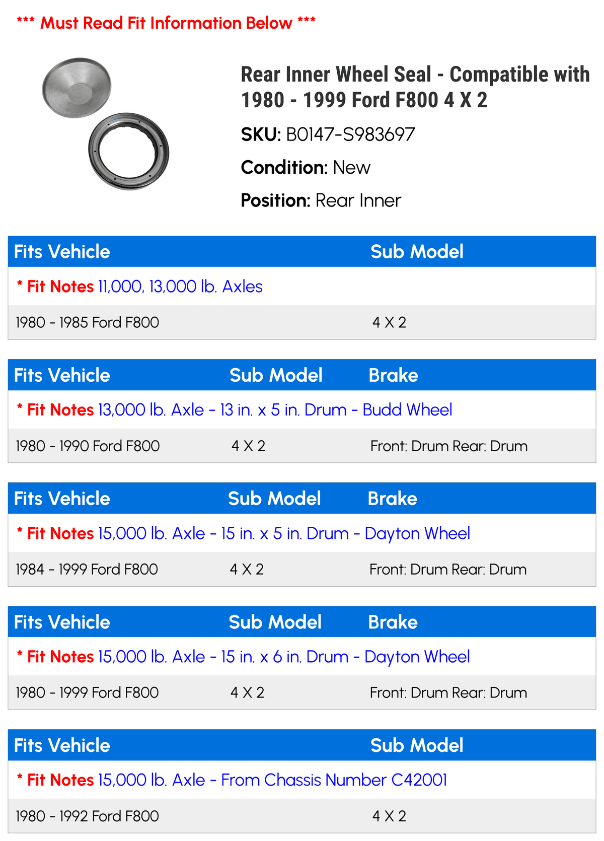 Rear Inner Wheel Sizeeal - Compatible with 1980 - 1999 Ford F800 4 X 2 1981 1982 1983 1984 1985 1986 1987 1988 1989 1990 1991 1992 1993 1994 1995 1996 1997 1998