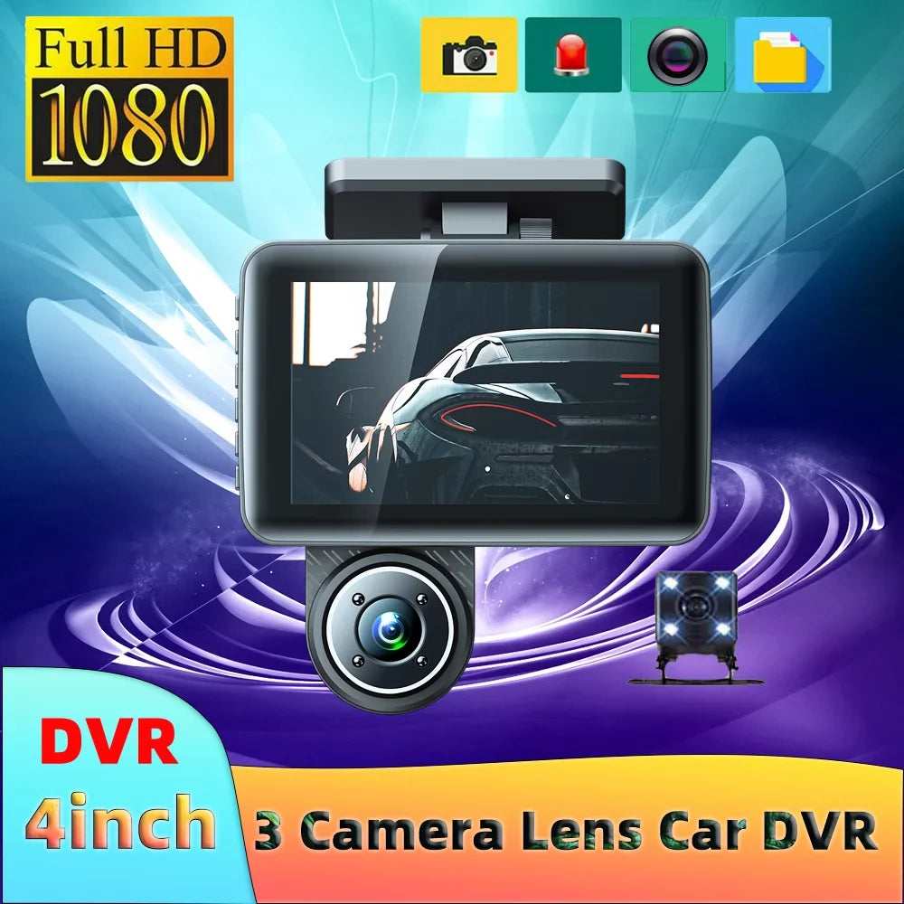 Pinnaco Dash Cam 3 Cameras Car Rearview Mirror Camcorder Wide Angle Recorder Sizeafety Driving