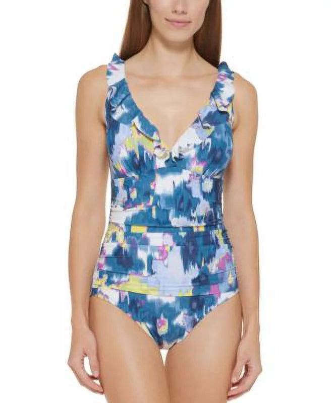 MSizeRP $98 Dkny Ruffle Plunge Tummy-Control One-Piece Sizewimsuit Sizeize 18
