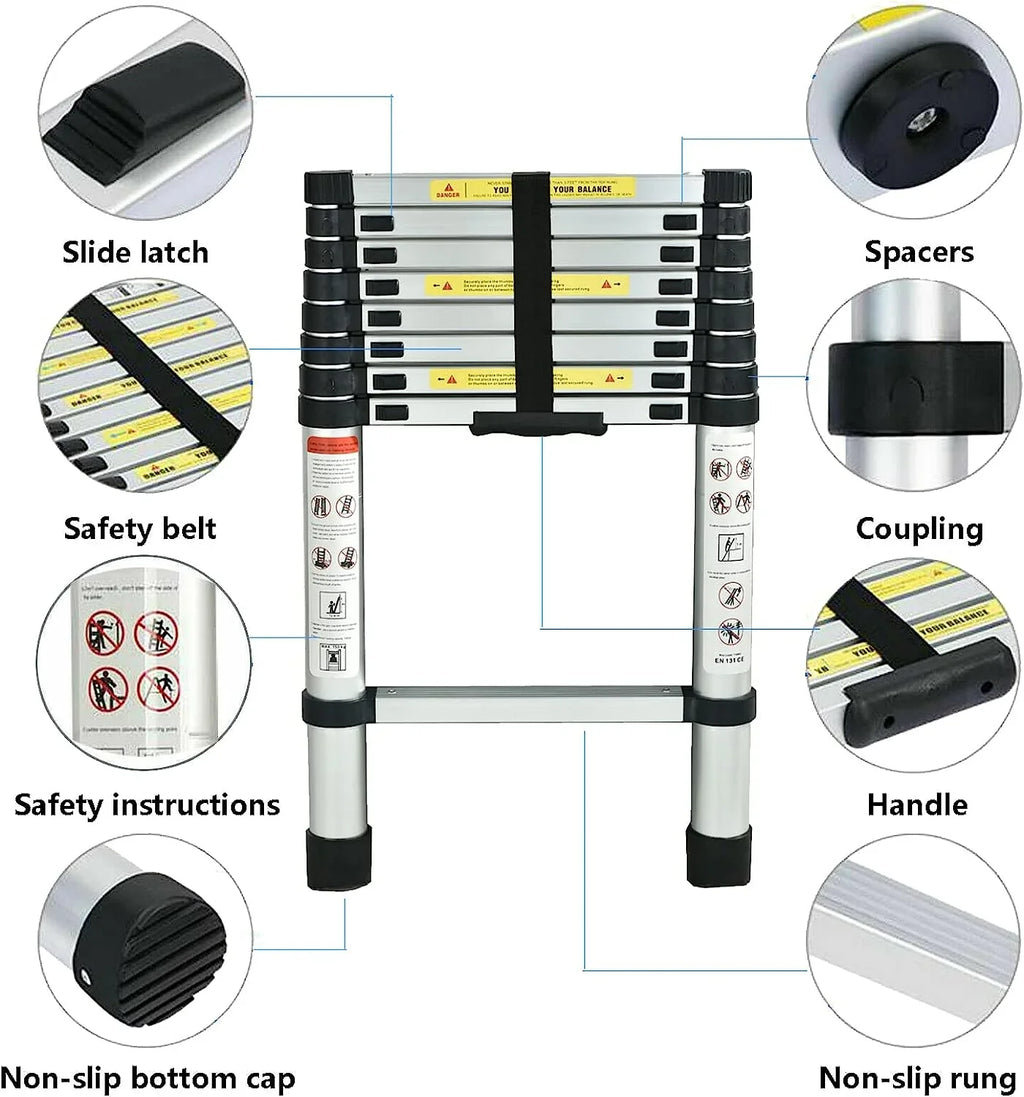 Telescoping Ladder, 8.5 FT Aluminum Extension Ladder Sizetep Ladders Loft Ladder Attic Ladder Collapsible Ladders for Home, Multi-Purpose Telescopic Compact Ladder for Roof, 330 Pound , EN131