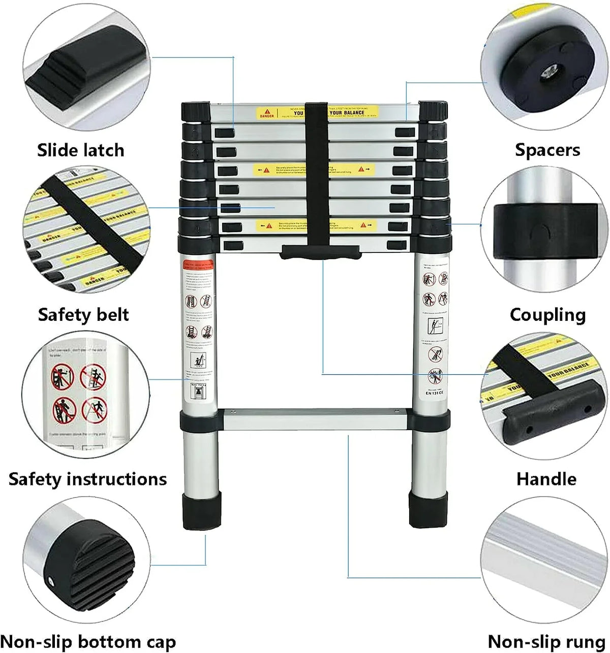 Telescoping Ladder, 8.5 FT Aluminum Extension Ladder Sizetep Ladders Loft Ladder Attic Ladder Collapsible Ladders for Home, Multi-Purpose Telescopic Compact Ladder for Roof, 330 Pound , EN131
