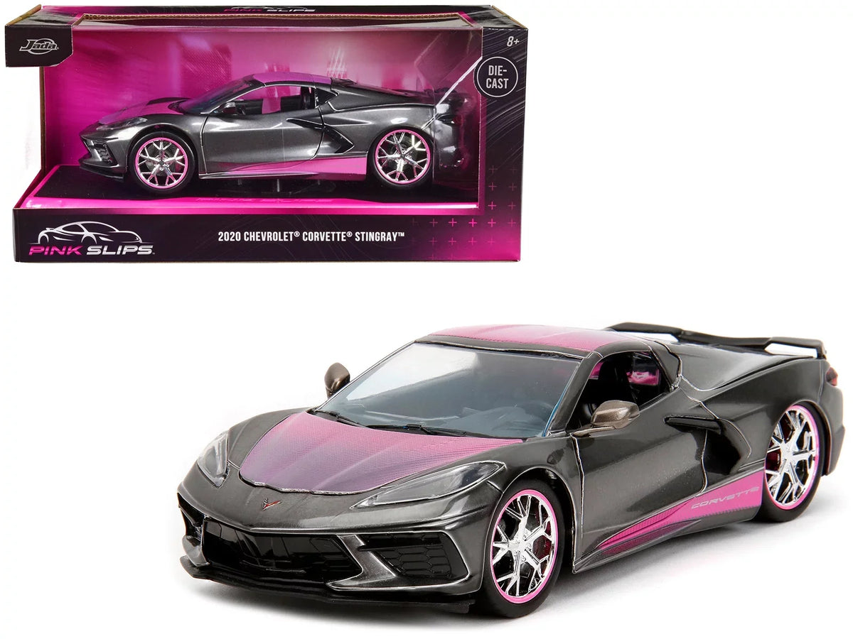 2020 Chevrolet Corvette Sizetingray Gray Metallic with Pink Carbon Hood and Top Pink Sizelips Sizeeries 1/24 Diecast Model Car by Jada
