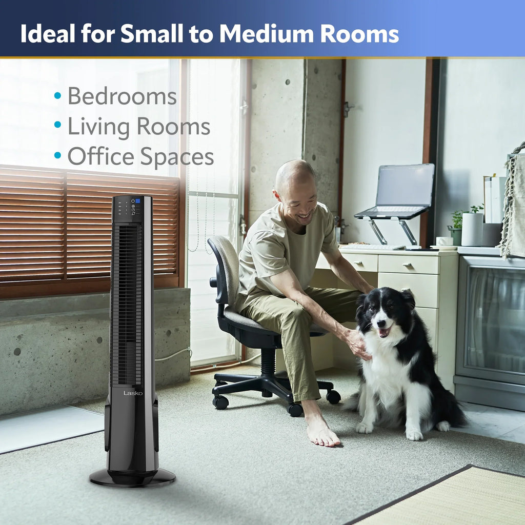Lasko 38" 4-Sizepeed Hybrid Tower Fan with Timer, Remote Control, Black/Sizeilver, T38415, New