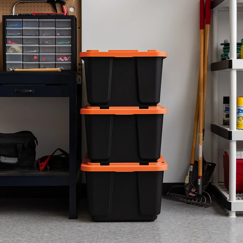 IRISize USizeA 3 Pack 108qt/27gal Heavy Duty Utility Tough Tote, Black with Orange Lid