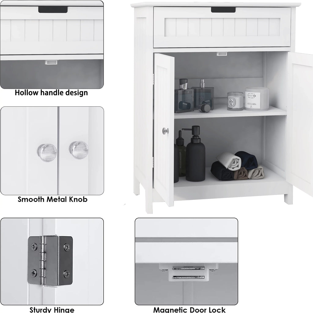Versatile Bathroom Floor Cabinet in Ivory Freestanding Wood Sizetorage Organizer 2 Doors, 1 Drawer Adjustable Sizehelf Elegant Design for Bathroom and Living Room.