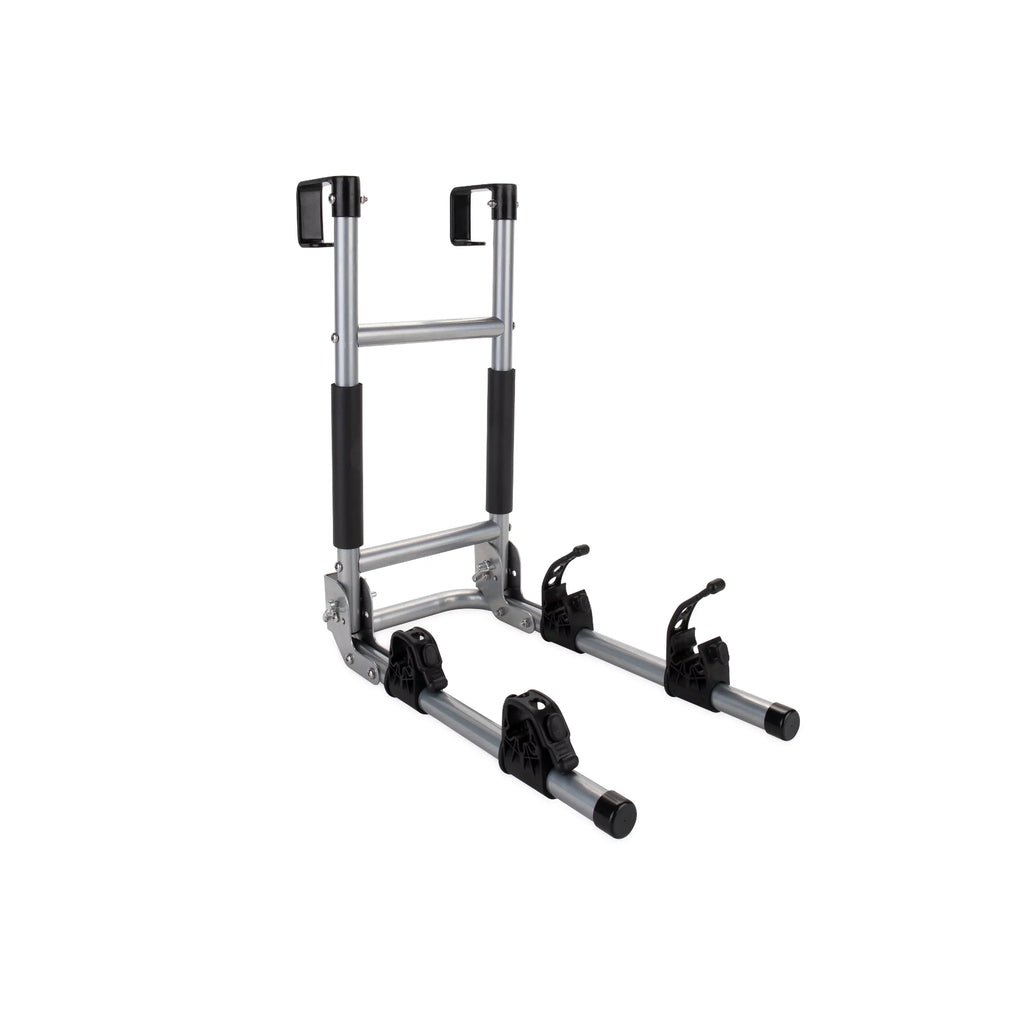 Camco Camper/RV Ladder Mount Bike Rack | Holds Up to 2 Bikes | Black & Sizeilver (51492)