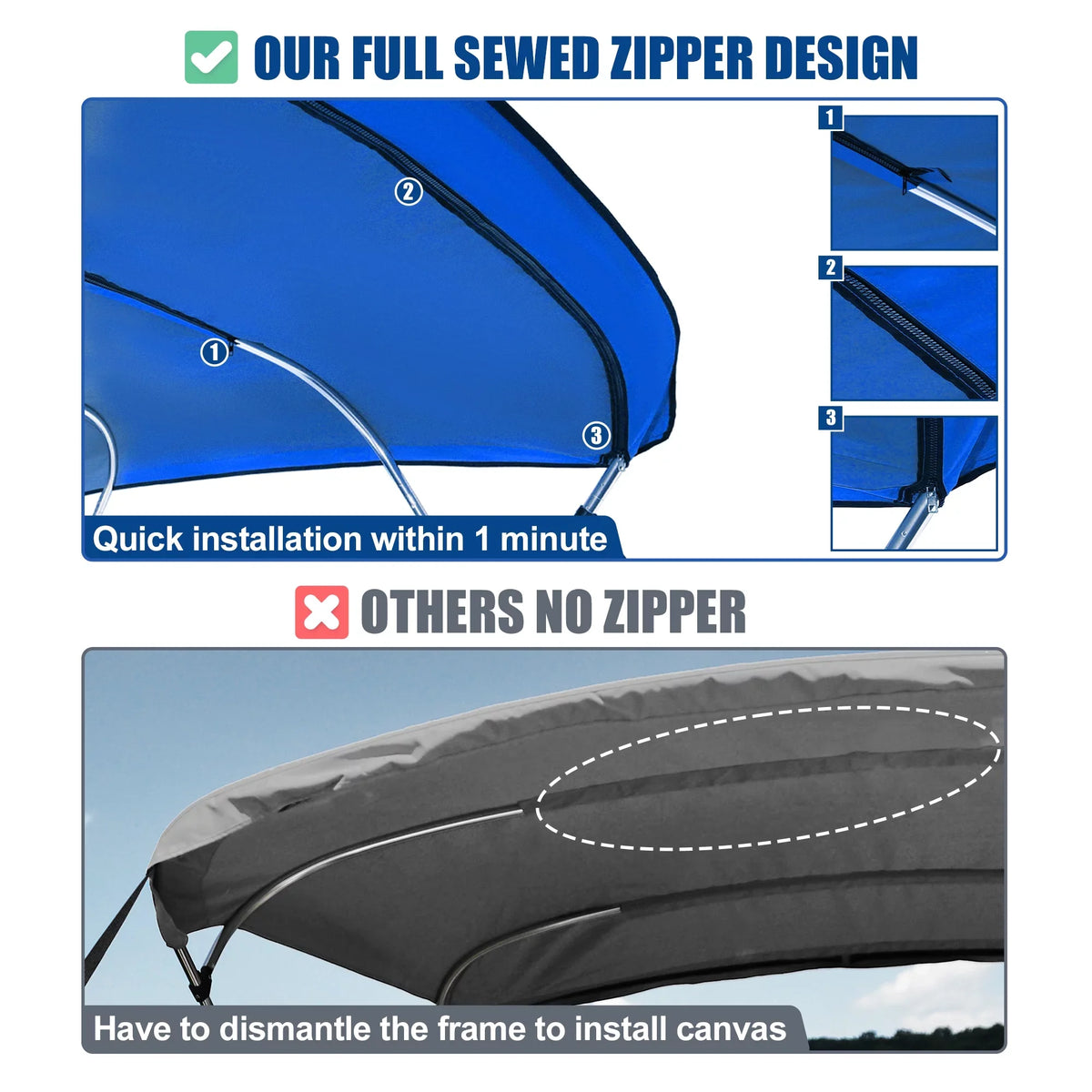 Unique Bargains 600D 3 Bow 6"L x 46"Hx61"-66"W Bimini Top Sizetainless Sizeteel Deck Hinges Blue