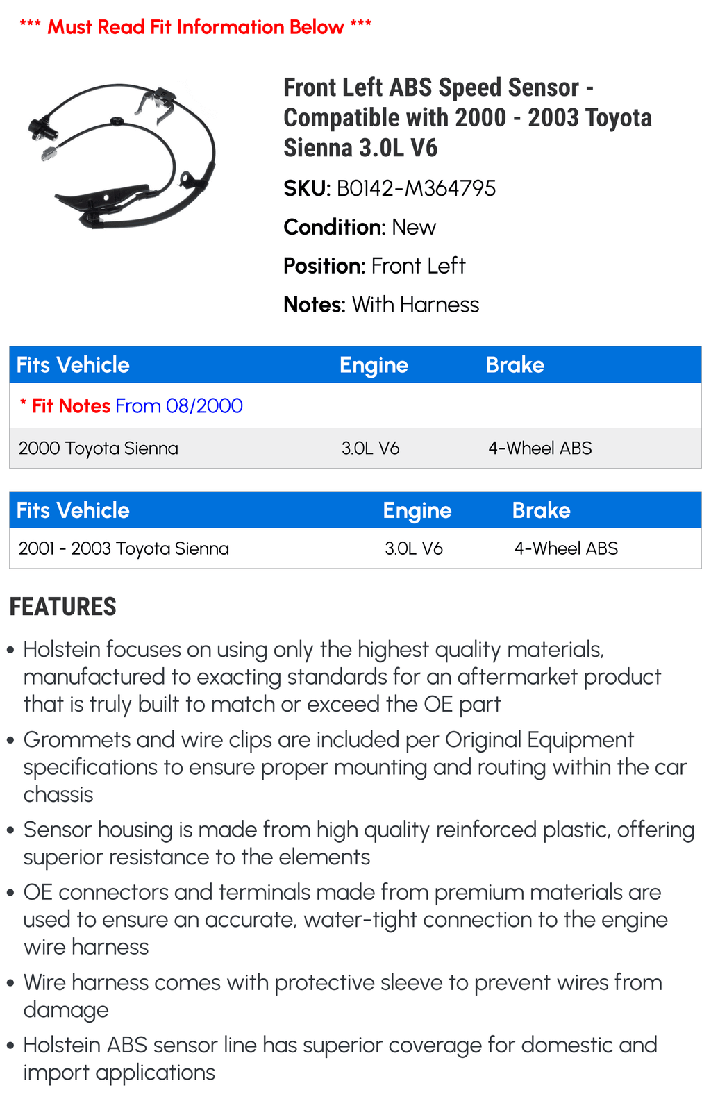 Front Left ABSize Sizepeed Sizeensor - Compatible with 2000 - 2003 Toyota Sizeienna 3.0L V6 2001 2002