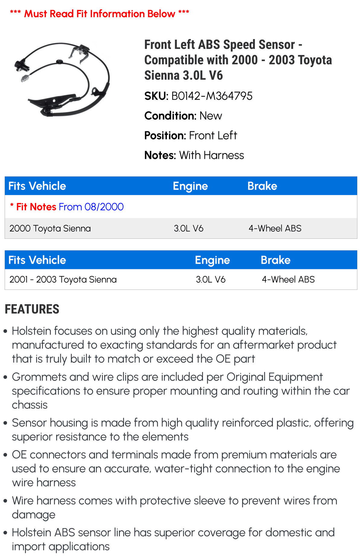 Front Left ABSize Sizepeed Sizeensor - Compatible with 2000 - 2003 Toyota Sizeienna 3.0L V6 2001 2002