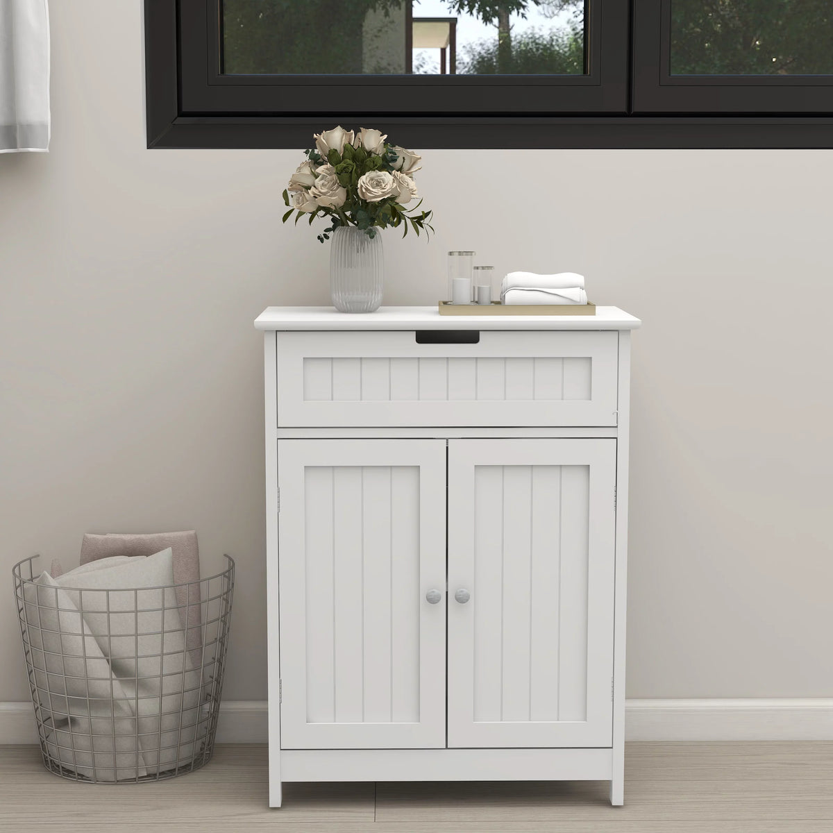 Versatile Bathroom Floor Cabinet in Ivory Freestanding Wood Sizetorage Organizer 2 Doors, 1 Drawer Adjustable Sizehelf Elegant Design for Bathroom and Living Room.