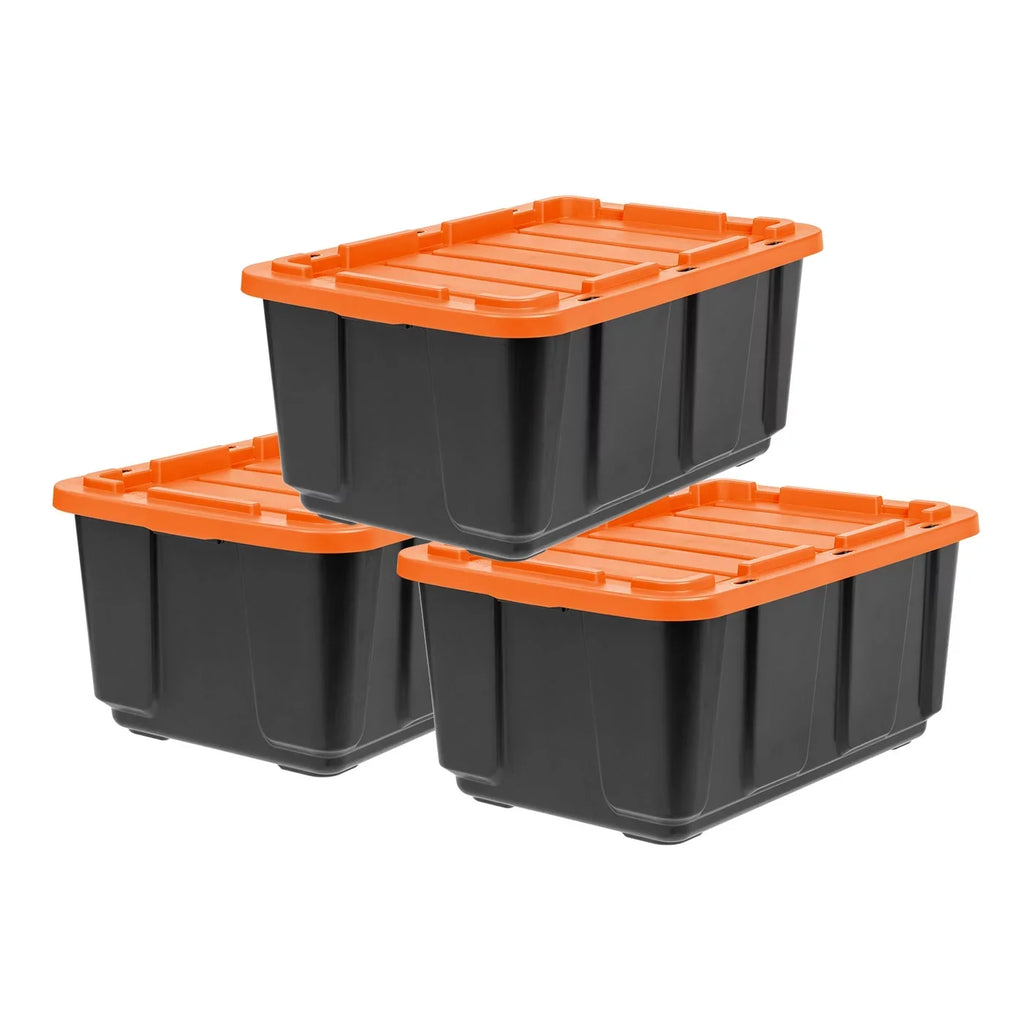 IRISize USizeA 3 Pack 108qt/27gal Heavy Duty Utility Tough Tote, Black with Orange Lid