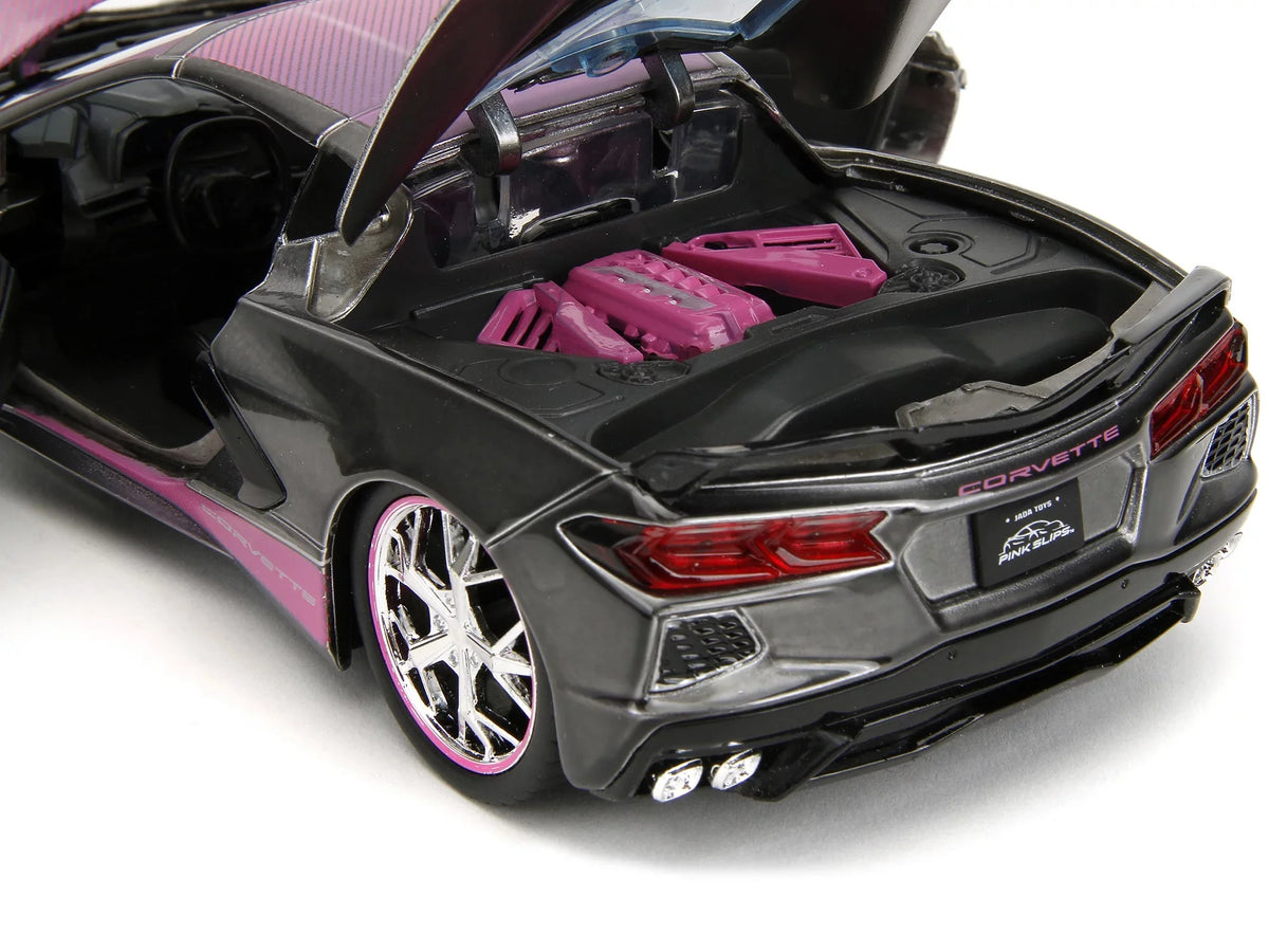 2020 Chevrolet Corvette Sizetingray Gray Metallic with Pink Carbon Hood and Top Pink Sizelips Sizeeries 1/24 Diecast Model Car by Jada