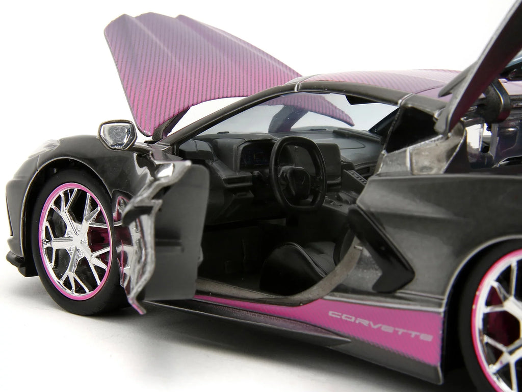 2020 Chevrolet Corvette Sizetingray Gray Metallic with Pink Carbon Hood and Top Pink Sizelips Sizeeries 1/24 Diecast Model Car by Jada