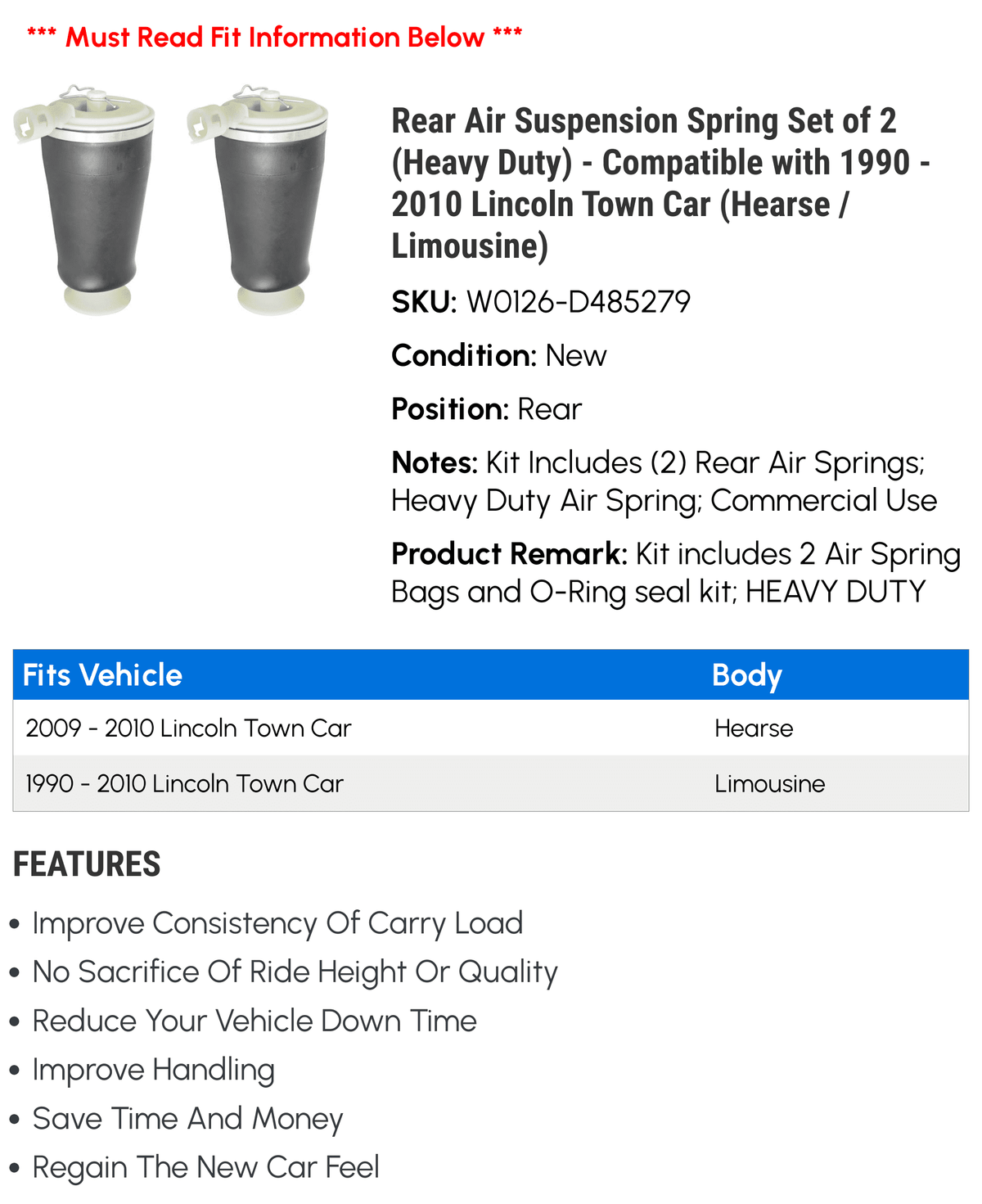 Rear Air Sizeuspension Sizepring Sizeet of 2 (Heavy Duty) - Compatible with 1990 - 2010 Lincoln Town Car (Hearse / Limousine) 1994 1995 1996 1997 1998 1999 2000 2001 2002 2003 2004 2005 2006 2007 2008